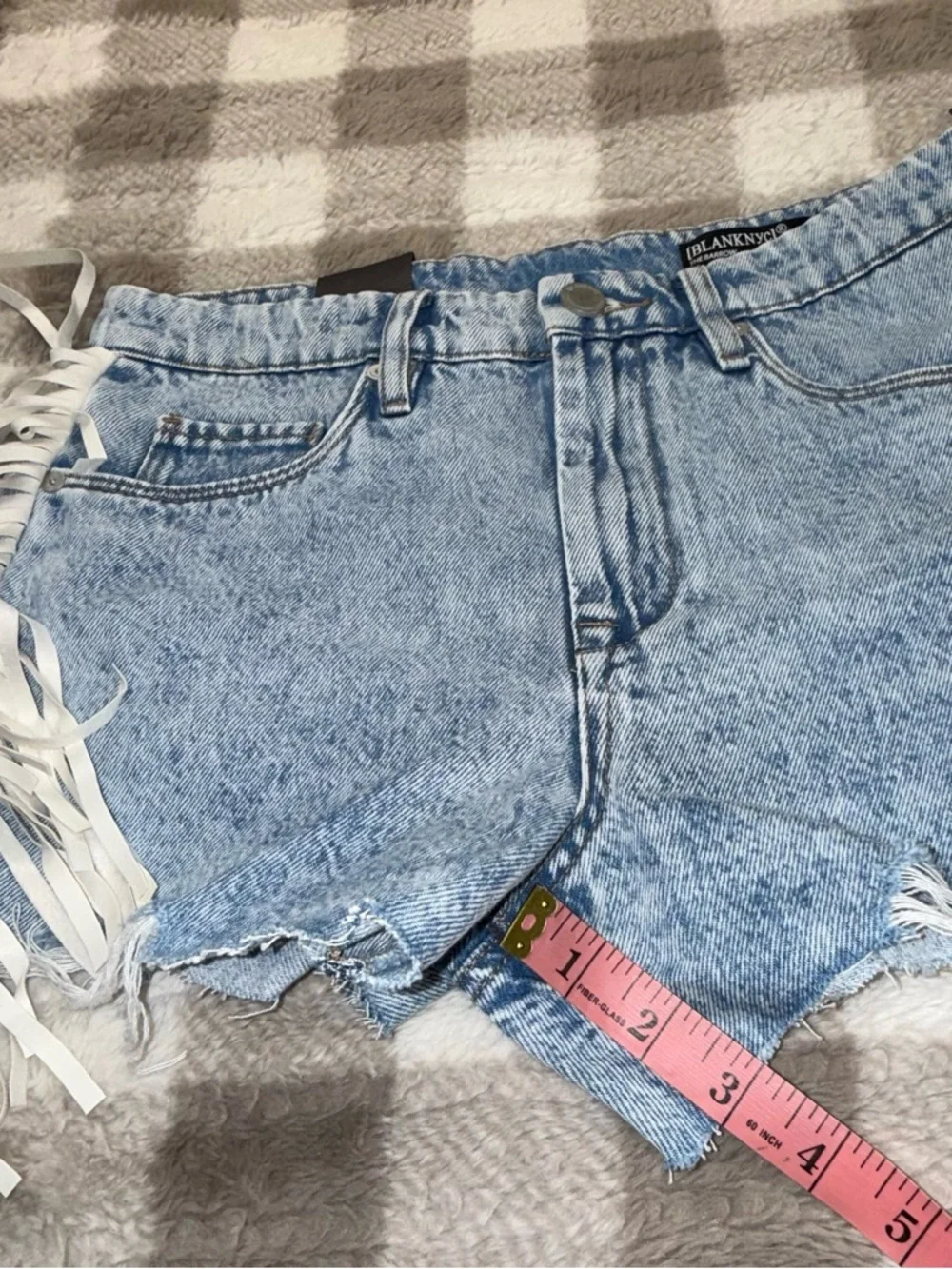 Blank NYC Light Blue Acid-Wash Denim Cutoff Shorts with Fringe - Picture 9 of 9